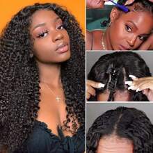Curly V Part Wig Human Hair Upgrade U Part Human Hair Wigs For Black Women Deep Curly Brazilian Human Hair Wigs 180% Density V Part Wigs No Glue No Sew In Natural Color - 自然色&黑色系 - 查看 5
