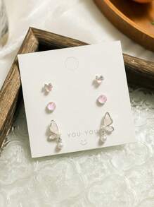 6入組對稱蝴蝶翅膀玻璃耳環樹脂溫和扇形花墜油性蝴蝶釘淺色春季風格