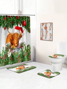 1 件/4 件圣诞快乐牦牛圣诞老人礼物多功能防水浴室装饰套装：带 12 个挂钩的浴帘、防滑浴垫、U 型马桶垫和圆形马桶座套，适合各种场景的冬季装饰 - 彩色 - 查看 4