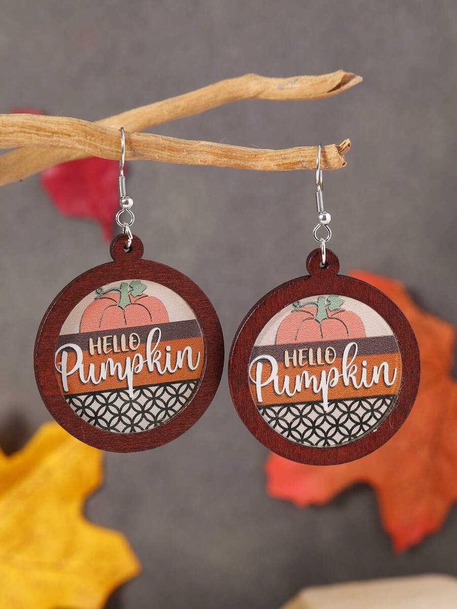 1 Cặp Hoa tai quả bí ngô tròn bằng gỗ thời trang dành cho nữ, Hoa tai trang trí lưới hình quả bí ngô bằng acrylic, Hoa tai Lễ Tạ ơn cho bữa tiệc, Quà tặng cho bạn gái - bí ngô - Xem 1