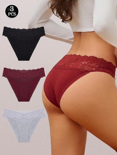 3pcs/Set Solid Color Lace Patchwork Panties, Sexy Women Underwear
