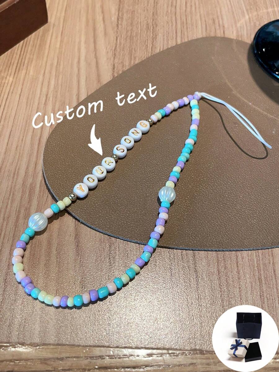 Custom Phone Lanyard - Minimalist, Personalized, Random Candy Colors Beaded Letter Charm For Phone, Customized Name, Slogan, Location, Date, Suitable For Birthday, Anniversary Gift And Daily Wear - Multicolor - View 1