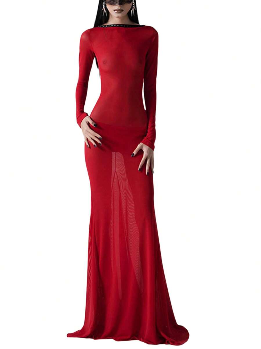 Women's Stunning Long Bodycon Gown Solid Hue See-Through Mesh Sheer Long Sleeve Crossover Tie-Up Backless Evening Party Attire