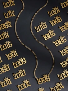 1 Pc Personalized Crown Year Number Necklace Birth Year Number Pendant Necklace For Boys Adjustable Holiday Gift - Gold - View 1