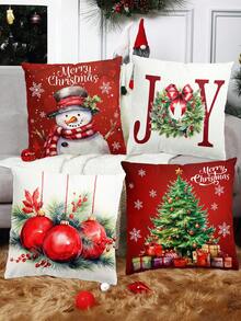 4 件装 45*45 厘米圣诞装饰枕套亚麻方形靠垫套，圣诞主题软枕套适用于圣诞派对居家房间沙发椅装饰圣诞节装饰品，不含枕芯 - 彩色 - 查看 3