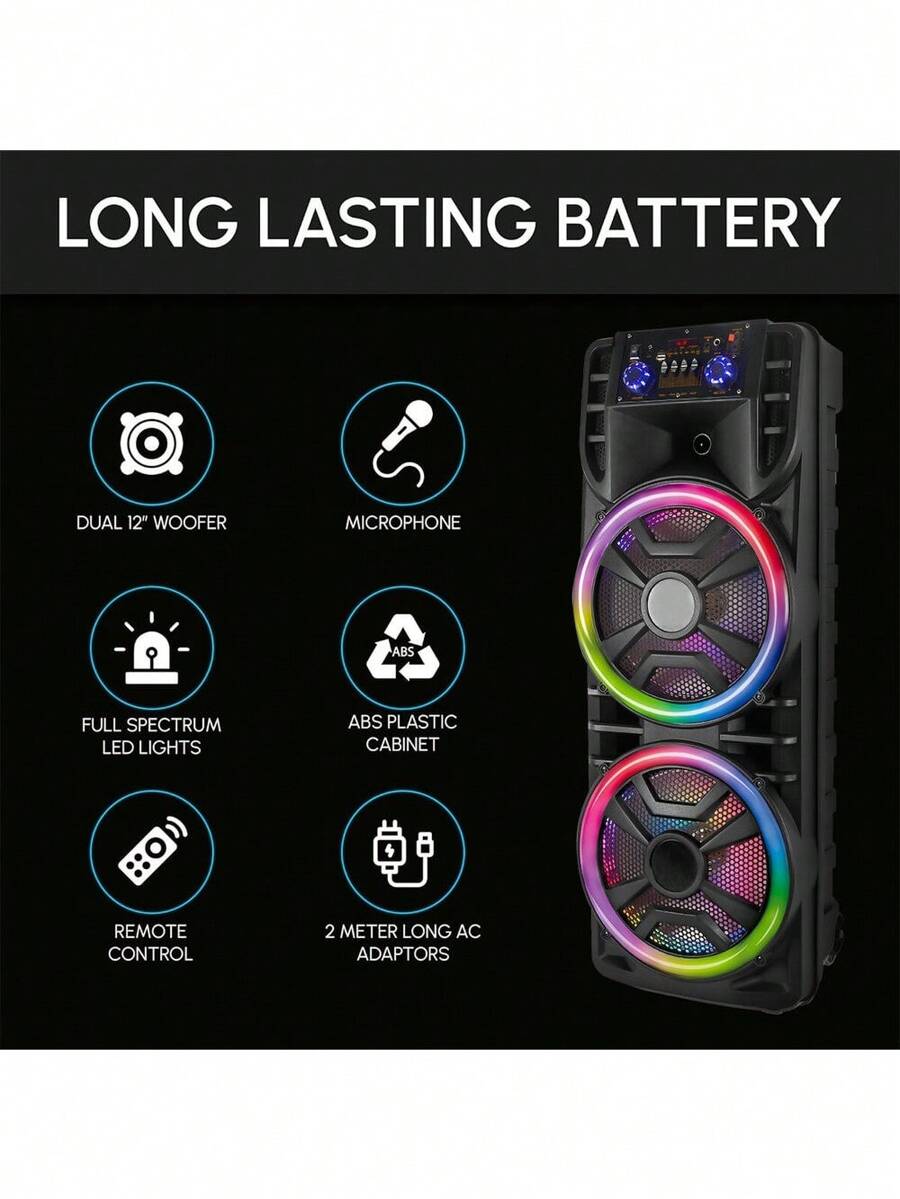 Party Bluetooth Speaker Rechargable Dual 12" LOUD Woofer FM Karaok MIC