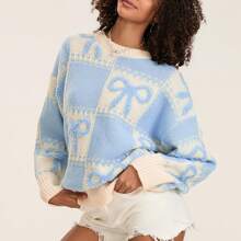 Women's Knit Sweater Long Sleeve O Neck Bow Print Knitted Pullover Top Autumn Winter Casual Knitwears