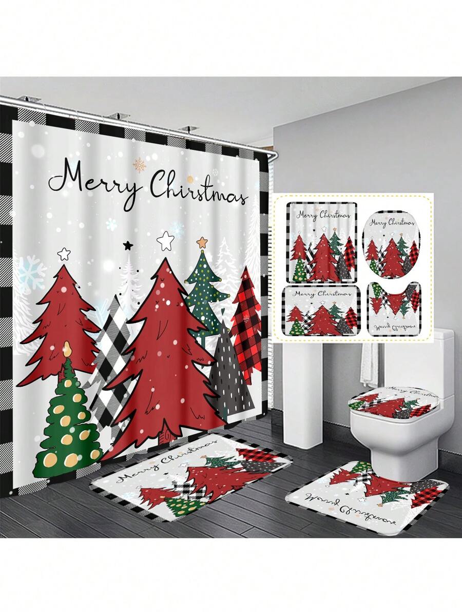 1 cái/4 cái Bộ quà tặng trang trí phòng tắm đa năng hình cây thông Noel hoạt hình vui vẻ và quà tặng bao gồm: Rèm tắm chống thấm nước có 12 móc, thảm tắm chống trượt, thảm chùi chân hình chữ U và nắp bồn cầu tròn, phụ kiện phòng tắm cho mọi mùa Trở lại trường học - Nhiều màu - Xem 1