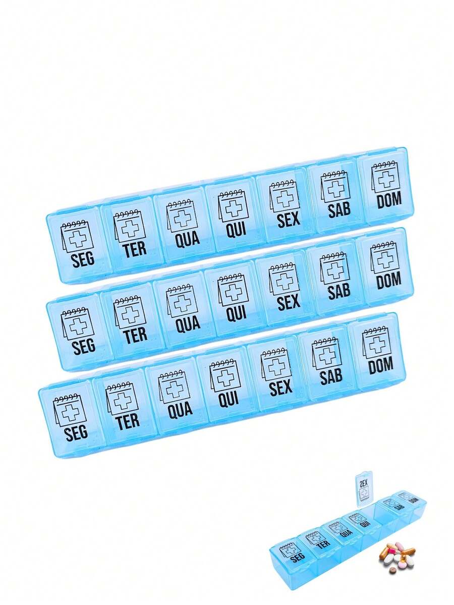 03 Pill Holder Weekly Medicine Organizer Rectangular Transparent Pink Blue - 藍色 - 查看 1
