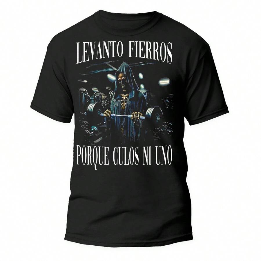 Playera Calacas Chidas Levanto Fierros Porque Culos Ninguno Playera Negra, 100% Algodón Peinado - Negro - Ver 1