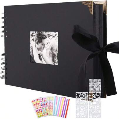 1 Set Álbum de fotos DIY, Scrapbook, 80 páginas negras, Libro adhesivo para fotos, Regalo DIY, Set de Scrapbook para bebé, Familiar, Aniversario, Cumpleaños, Día de San Valentín, Álbum de bodas, Incluye protectores de esquinas y pegatinas