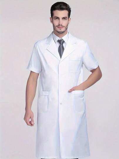 1pc Men's Short Sleeve Lab Coat With Collar And Multiple Pockets, Casual Work Uniform