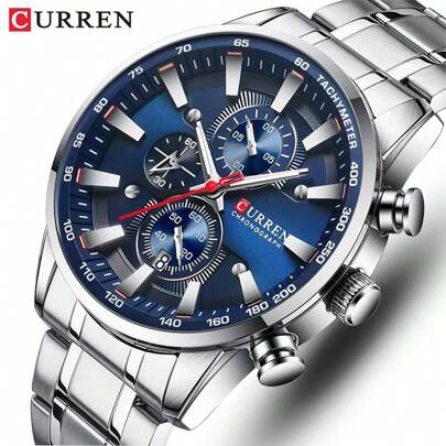  Reloj de moda de negocios resistente al agua con correa de acero inoxidable multifunción cronógrafo para hombre de la marca CURREN
