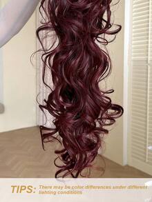 30英寸棕色带酒红色波浪卷发马尾假发，耐热合成纤维，自然波浪，适合女性日常及派对佩戴 - 酒紅色 - 查看 9