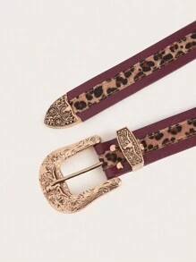 1 pieza Cinturón de PU con hebilla de metal con estampado de leopardo vintage para mujeres, para el verano y la escuela