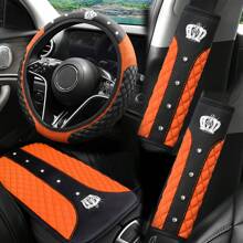 4pcs Shiny Rhinestone Crown Design Steering Wheel Cover, Armrest Pad, Shoulder Pads