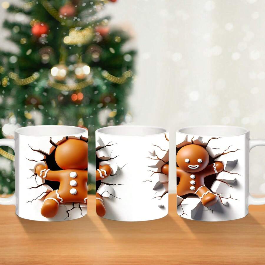 1 件 11 盎司圣诞姜饼人陶瓷杯，姜饼人装饰元素杯，可提手便携杯，圣诞派对饮水杯，送给朋友和家人的理想礼物，平安夜惊喜 - 彩色 - 查看 1