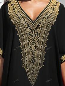 Vestido negro suelto estilo túnica con escote en V bordado, vestido casual para estar en casa