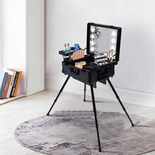 Rolling Makeup Case Trolley Train Box Organizer With Key Travel Cosmetic Luggage - Black - View 3