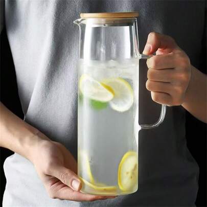 Cirelle 1pc Glass Pitcher, 1000/1200/1500ml Straight Glass Beverage Container, High Borosilicate Heat Resistant, Transparent Household Large Capacity Straight Tube Wood Lid, Summer Fruit Juice Lemon Cup Infuser Chilled Water Dispenser, New Year, Thanksgiving Day, Christmas Party, Rama Comfort Home, Family Dining, Party Use, High-End Cafe Supplies, Housewarming Gift, Dorm Essentials
