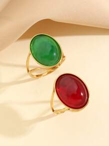 2 件不锈钢金黄色戒指，镶嵌浅蓝色和粉红色大宝石，夸张的女士装饰