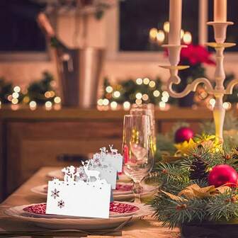 20pcs/Set Christmas Place Cards Paper Table Name Cards With Reindeer And Snowflake Design Laser Cut For Holiday Party Seating Decoration No Electricity Needed