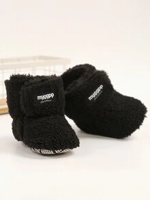 Myggpp 婴儿男孩女孩靴子新生儿鞋冬季雪地蝴蝶结防滑软底保暖婴幼儿学步鞋 - 黑色 - 查看 10