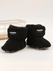 Myggpp 婴儿男孩女孩靴子新生儿鞋冬季雪地蝴蝶结防滑软底保暖婴幼儿学步鞋 - 黑色 - 查看 6