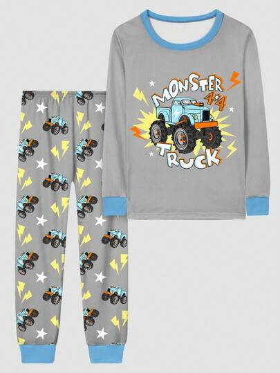 مجموعة بيجامة شاملة ملابس علوية طويل الأكمام وبنطال، طباعة بنمط المركبات البرية، مريحة للتين الأولاد، قطعتان