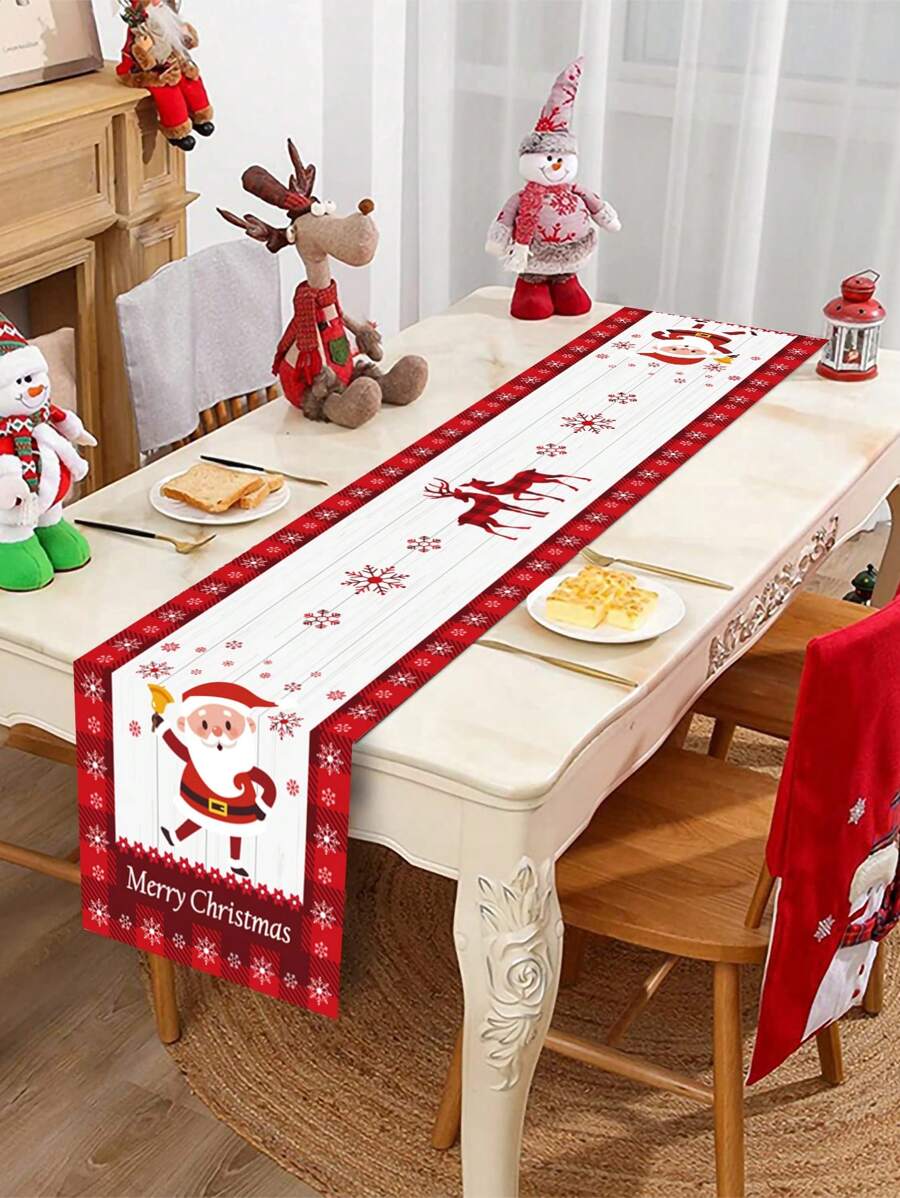 1件装圣诞老人和驯鹿图案涤纶圣诞桌旗，圣诞快乐装饰，圣诞家居装饰，圣诞冬季假日派对装饰，餐桌中心装饰品，圣诞桌布，2025新年圣诞派对礼物