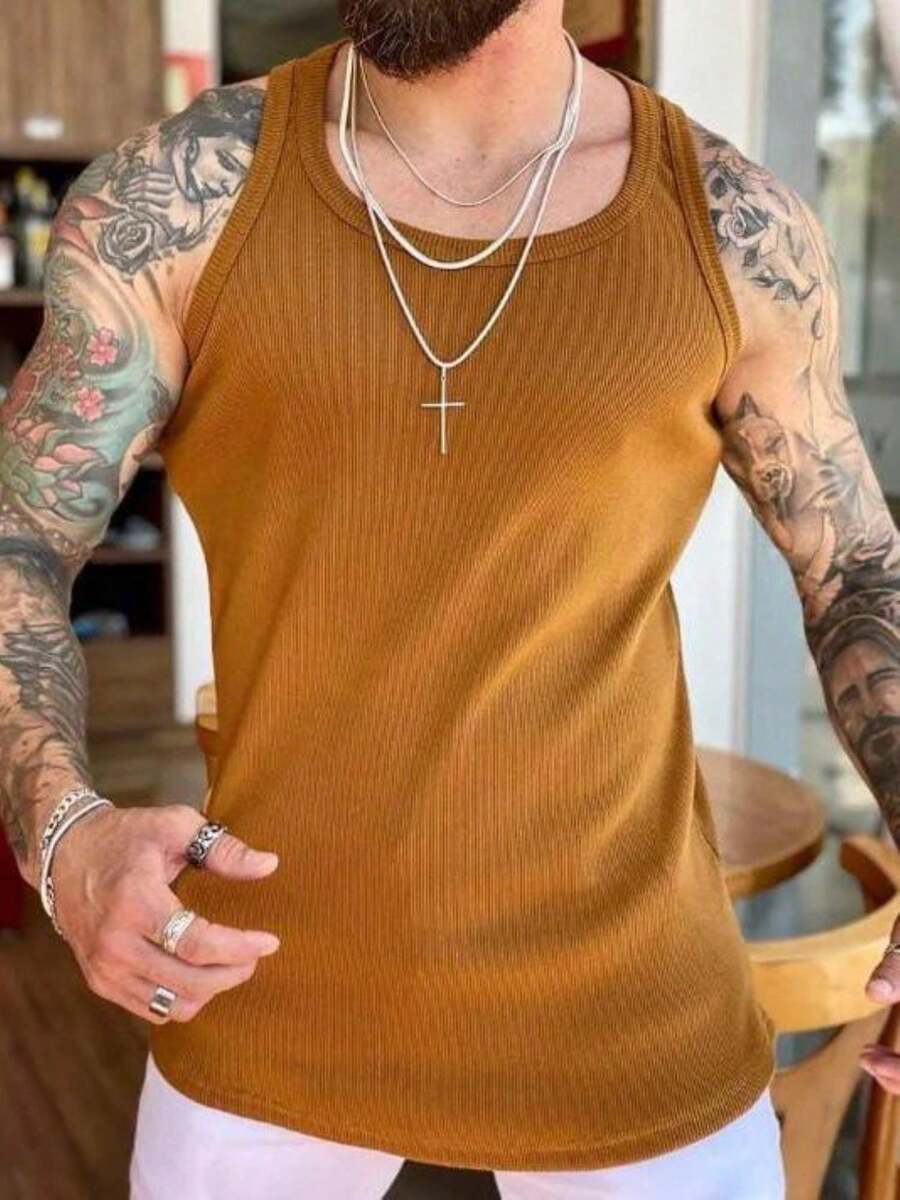 Men's American Style Ribbed Knit Tank Top - 卡其色 - 查看 1