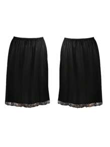 Women's Satin Half Slips Underskirt Elastic High Waist Solid Color Long Underskirt Lace Hem Skirt Extender