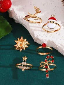 1pc钛钢圣诞戒指男女同款时尚麋鹿拐杖圣诞树圣诞老人红宝石戒指，适合圣诞节，礼物 - 彩色 - 查看 10