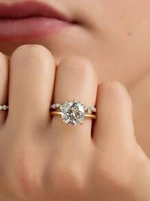 1 件精致优雅奢华 925 纯银 4 爪圆形女士戒指女士珠宝礼物生日礼物派对礼物 - 金色 - 查看 4