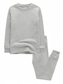 2 buc/set fete groase Big Tween Girl gri culoare solidă pantaloni lungi cu mânecă lungă, potrivită, caldă, set de pijamale de iarnă
