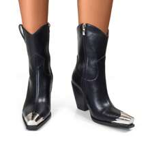 Western Cowgirl Ankle Boots, Metal Toe Party Heeled Shoes - Black - View 2