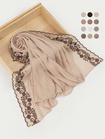 1件装女士纯色仿珍珠雪纺四叶草刺绣蕾丝边围巾、头巾、披肩，时尚优雅，马来西亚印尼