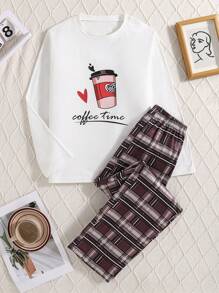 Bộ đồ mặc nhà thời trang mùa xuân và mùa thu cho bé gái, gồm áo cánh trắng dài tay in hình trái tim trà sữa thanh lịch và quần dài kẻ caro anime màu cà phê cho bé gái. Chất vải đa năng và thoải mái, phù hợp để mặc ở nhà thường ngày - trắng - Xem 1