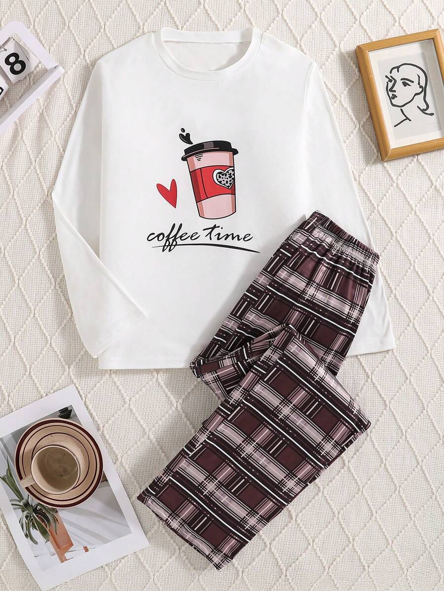 Bộ đồ mặc nhà thời trang mùa xuân và mùa thu cho bé gái, gồm áo cánh trắng dài tay in hình trái tim trà sữa thanh lịch và quần dài kẻ caro anime màu cà phê cho bé gái. Chất vải đa năng và thoải mái, phù hợp để mặc ở nhà thường ngày - trắng - Xem 1