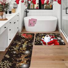 1/2 Peças Conjunto de Tapetes de Cozinha de Natal - Design de Papai Noel Preto, Flocos de Neve e Cervo - Macios, Antiderrapantes, Resistentes a Manchas, Laváveis em Máquina e Tapetes de Poliéster Leves para Decoração de Casa - Perfeito para Quarto, Sala de Estar, Sala de Jantar, Banheiro e Entrada