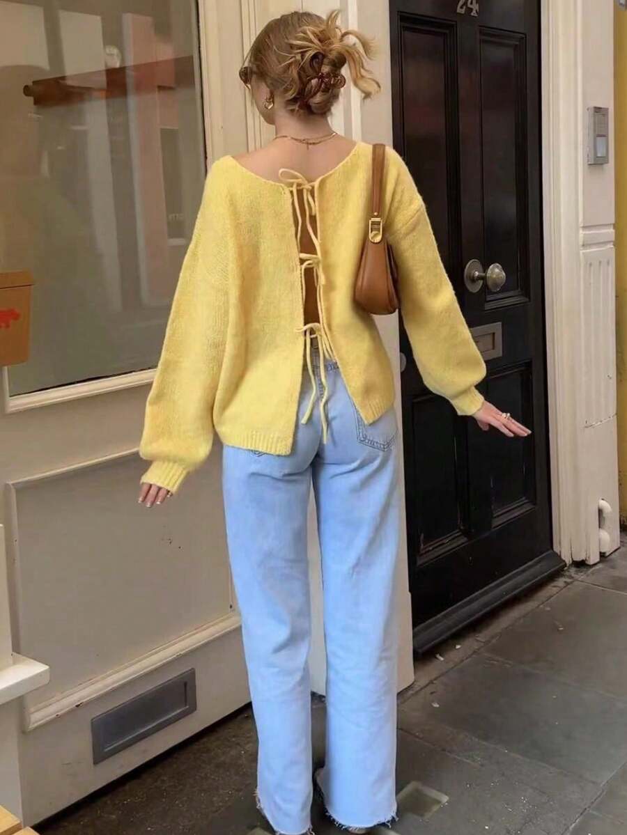 Áo len dệt kim dài tay cổ thuyền màu trơn mùa thu đông mới cho nữ Áo len cardigan dáng rộng đa năng - Màu vàng - Xem 1