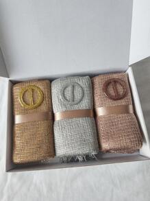 3PCS Women Plain Gold & Silver Thread Scarf + Silk Ribbon Box Set, Elegant Fashion Wrap/Scarves Gift Box, Suitable For Daily Wearing And Photography - Lurex Shawl 3-pack - View 11