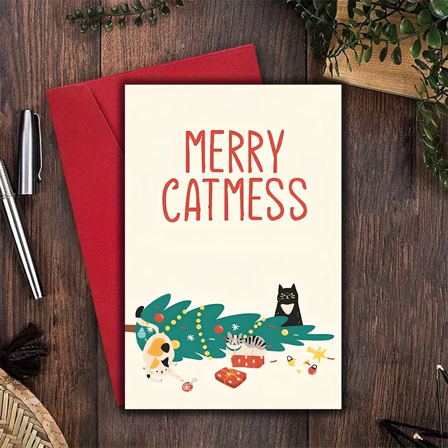 Merry Catmess 圣诞贺卡 - 有趣的猫咪主题，适合任何场合，适合小型企业，感谢信和庆祝问候，插图风格，适合任何人 - 彩色 - 查看 1