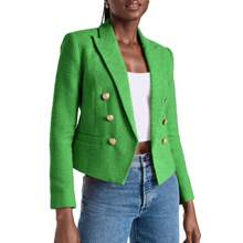 Women Double Breasted Cropped Tweed Blazer Jackets Lapel Open Front Long Sleeve Business Suit Jackets With Pocket Christmas Gift & New Year Gift - 綠色 - 查看 2