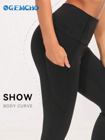  GEMCHO Women' Yoga Pants High Waist With Pocket Tummy Control Seven Point Trousers Sports Leggings Tight Bermuda Shorts