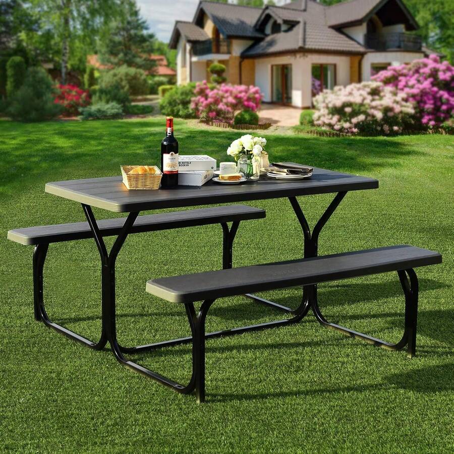 Picnic Bench Set Outdoor Camping All Weather Metal Base WoodLike