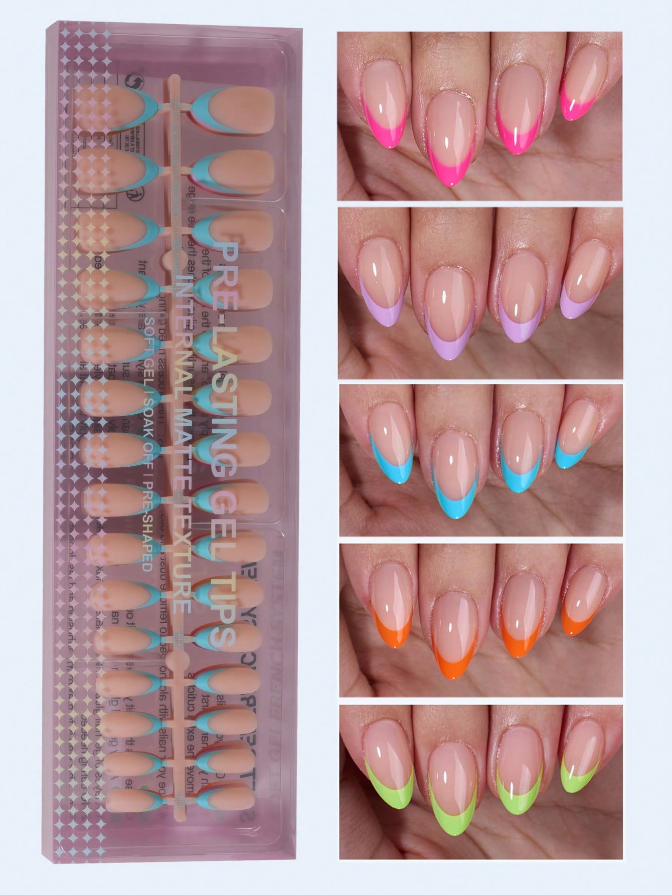 150pcs Medium-Long Natural Almond Classic 5-Color French Gel False Nail Tips, French Nail Tips Pressed On Nails, French Square 3-In-1 Gel Nail Tips For DIY Manicure, 15 Sizes Suitable For Women & Nail Salons