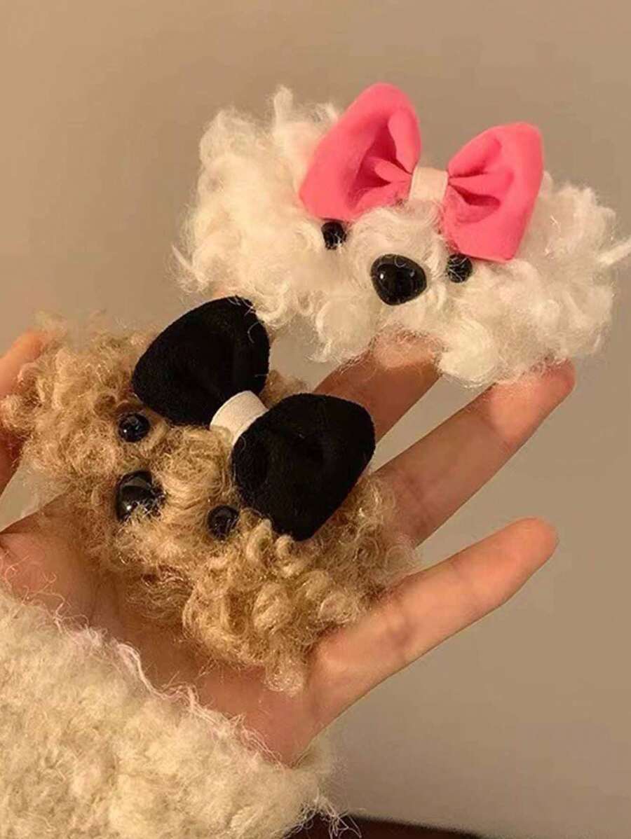 2pcs/Set Cartoon Plush Puppy Hair Clips, Cute Bow Animal Hair Clips Claw Clips Hair Slide Hair Barrettes - Multicolor - View 1