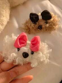2pcs/Set Cartoon Plush Puppy Hair Clips, Cute Bow Animal Hair Clips Claw Clips Hair Slide Hair Barrettes - Multicolor - View 3