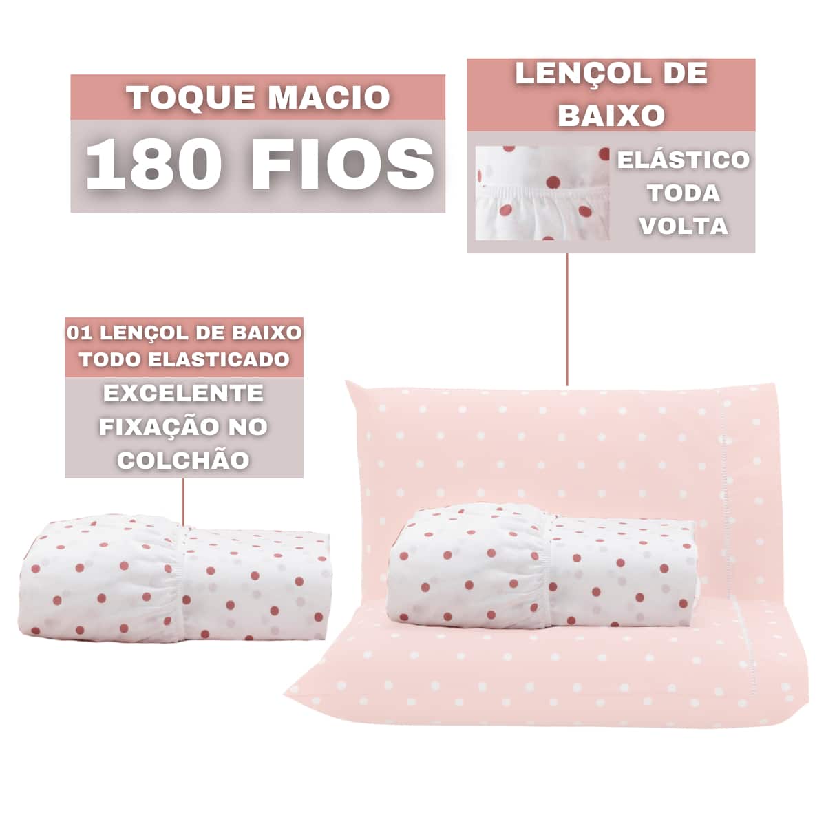 Fitted Sheet Single Double Queen King Percale 180 Thread Count Cotton Poá Collection - Poá Rose - Xem 1
